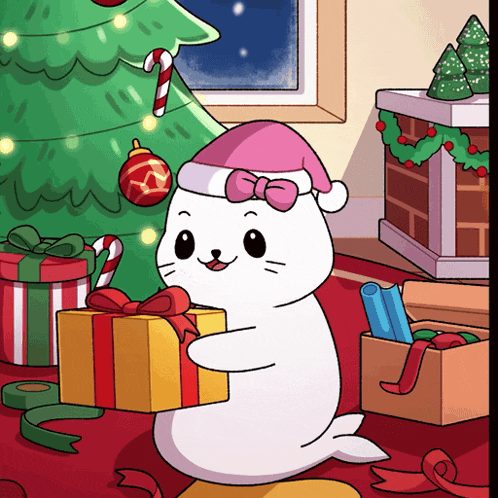 a seal wearing a pink santa hat is holding a gift in front of a christmas tree