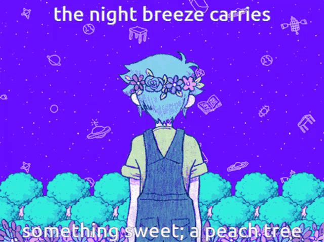 a drawing of a boy with a flower crown on his head with the words the night breeze carries something sweet