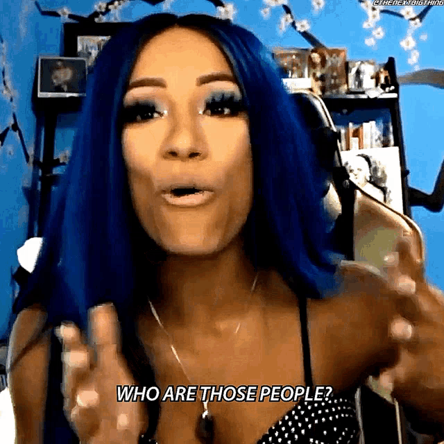 a woman with blue hair is asking who are these people