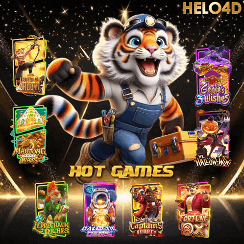 a tiger holding a toolbox with the words hot games underneath him