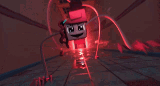 a cartoon character with a red hat and headphones is walking down a hallway