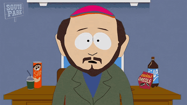 a cartoon character from south park says " you " in front of some snacks