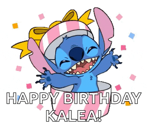 a cartoon of stitch coming out of a gift box with the words happy birthday kalea