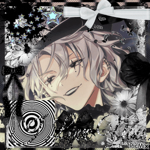 a picture of a boy with white hair is surrounded by flowers