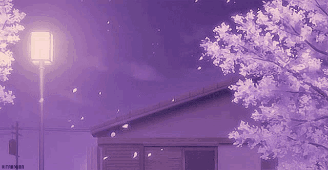 a picture of a house with purple flowers and petals falling from the trees