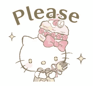 hello kitty is holding a fork and a cupcake on her head and says please .