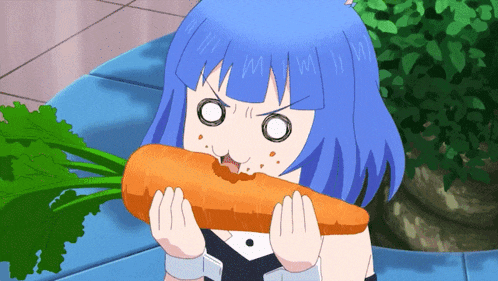 a girl with blue hair is eating a carrot with the letter w on her head