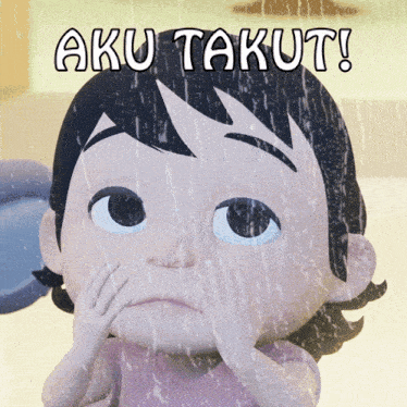 a cartoon of a girl covering her face with her hands and the words aku takut