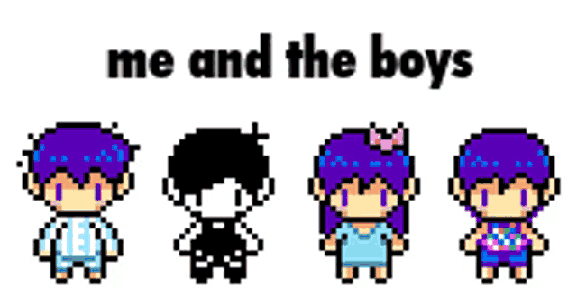 a pixel art of a boy and a girl with the words `` me and the boys '' written above them .