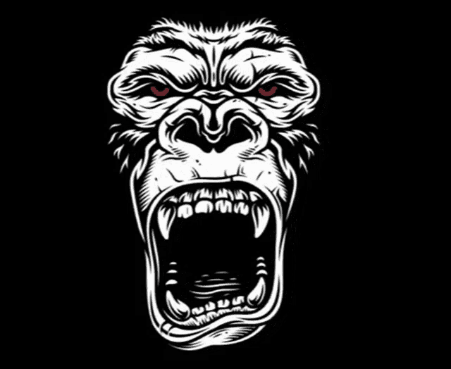 a black and white drawing of an angry gorilla with its mouth wide open .