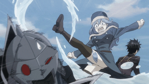 a girl in a blue coat is kicking a robot in the air