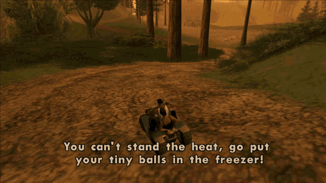 a screenshot of a video game that says " you can 't stand the heat go put your tiny balls in the freezer "
