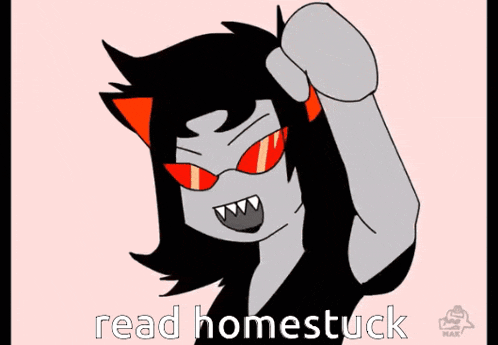 a cartoon of a cat with red eyes and the words read homestuck