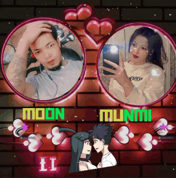 a picture of a man and a woman with the words moon munmi in green
