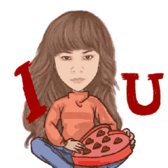 a cartoon of a girl holding a heart shaped box of chocolates with the word i love you behind her .