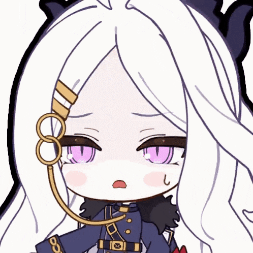 a cartoon drawing of a girl with white hair and a purple stripe on her forehead