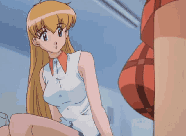a blonde anime girl in a white shirt and red collar is sitting down