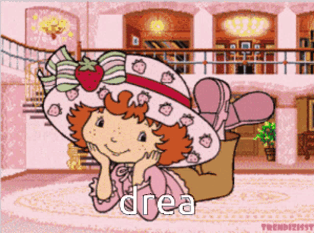 a cartoon of strawberry shortcake laying on the floor with the word drea below her