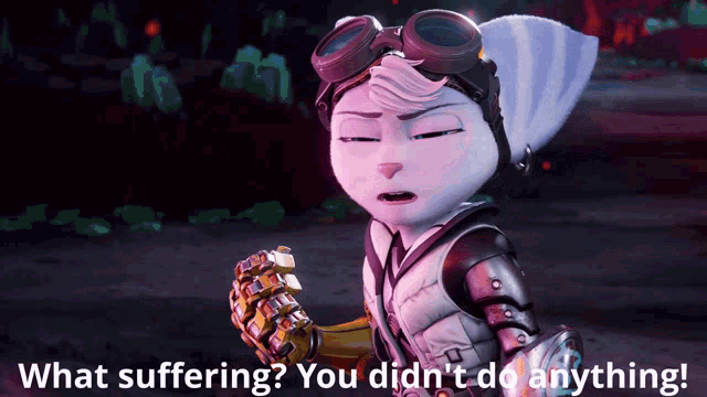 a cartoon character with the words what suffering you did n't do anything on the bottom