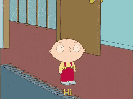 a cartoon character says hi in a hallway