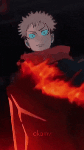 a close up of a person 's face with a red background and a fire in the background .