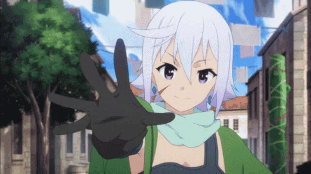 a girl with white hair is wearing a green jacket