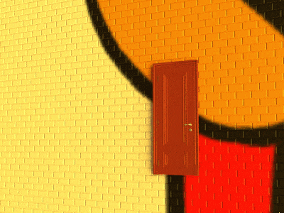 a yellow brick wall with a red door in the corner
