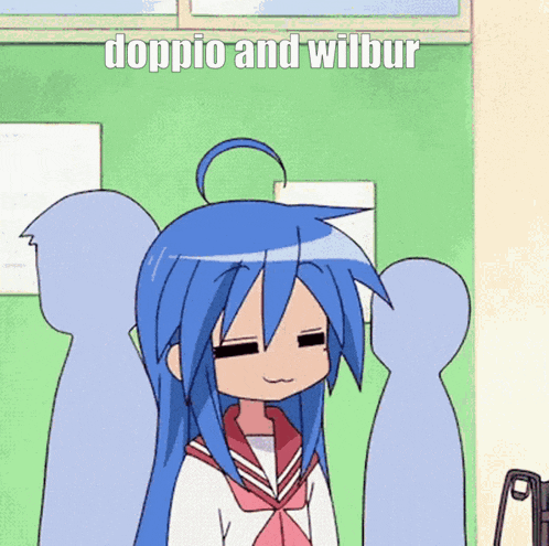 a cartoon girl with blue hair and the words doppio and wilbur behind her
