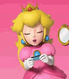 princess peach is holding a video game controller and looking at herself in a mirror