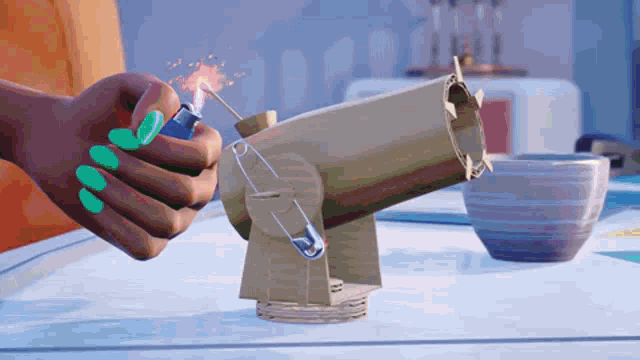 a woman with green nails is lighting a lighter
