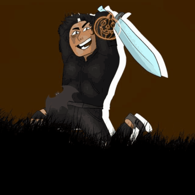 a cartoon drawing of a man holding a sword with a pumpkin on it
