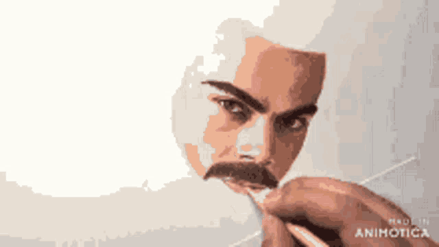 a man with a mustache is being drawn with a pencil .