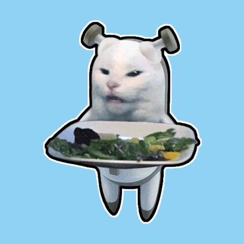 a cat is holding a plate of food with a blue background