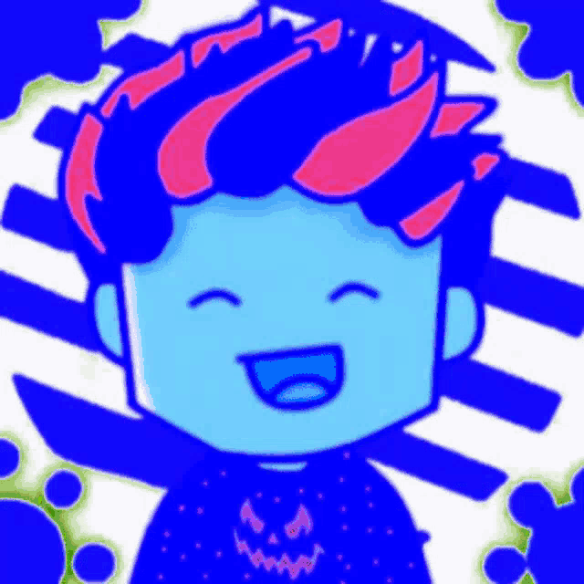a cartoon drawing of a boy with blue hair and a pumpkin on his shirt .