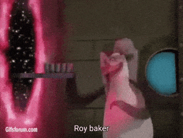 a cartoon penguin is holding a toothbrush and says roy baker .