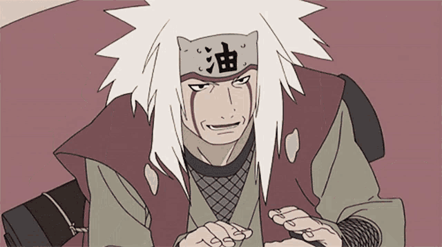 a cartoon character with white hair and a headband with chinese characters on it