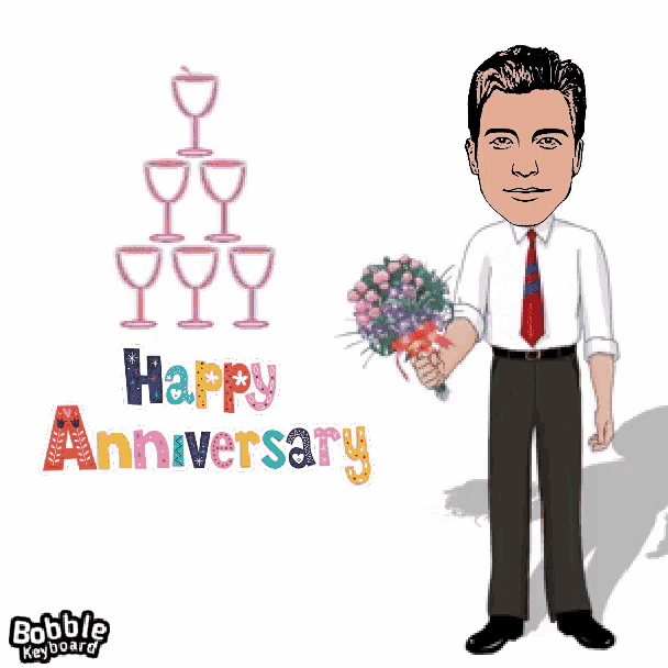 a cartoon of a man holding a bouquet of flowers with the words happy anniversary behind him