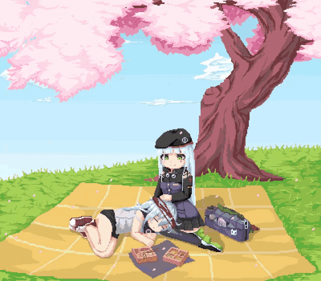 a pixel art drawing of two girls having a picnic under a tree