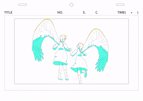 a drawing of two girls with wings and the title title