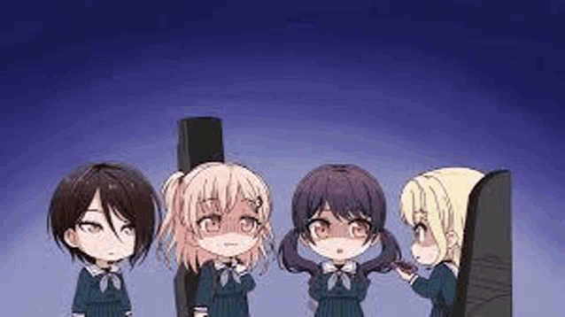 a group of anime girls are standing next to each other and talking .