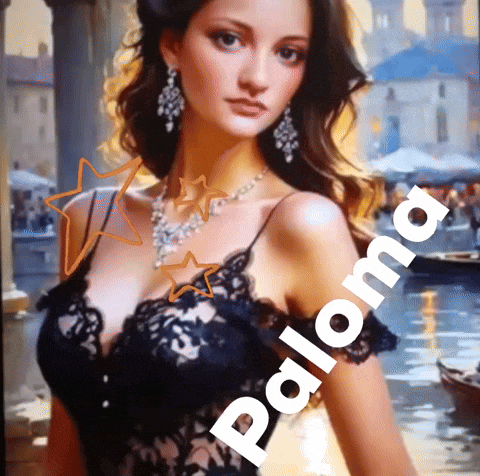 a woman in a black lace dress with the name paloma on the bottom right