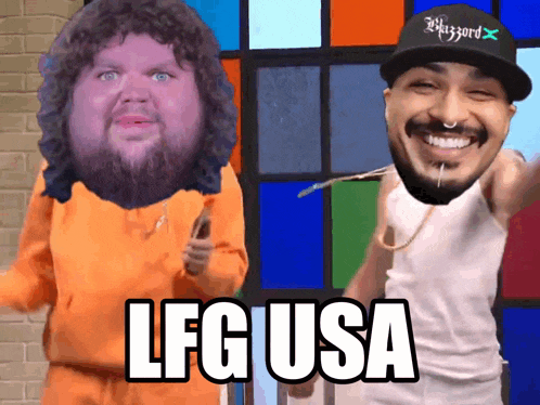 a man with a beard is next to another man with the word usa on it