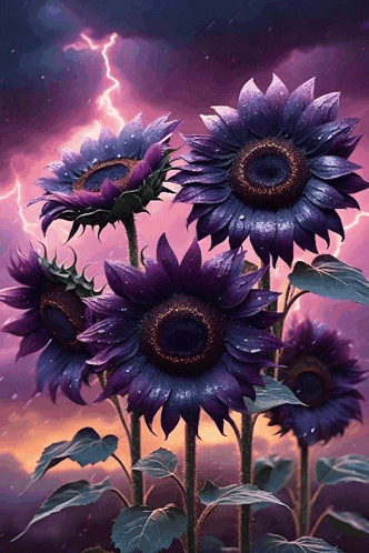 a bunch of purple sunflowers with lightning behind them