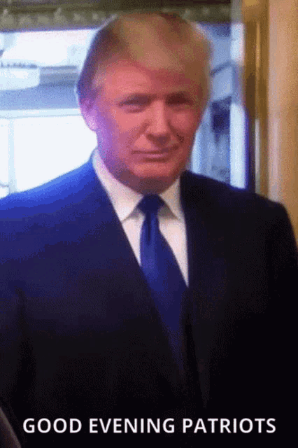a man in a suit and tie says good evening patriots on the bottom