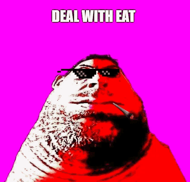 a man with a beard wearing sunglasses and smoking a cigarette on a pink background with the words `` deal with eat '' .