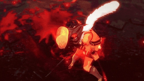 a woman with a white feather on her tail is surrounded by fire