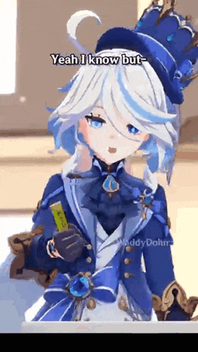 a cartoon girl with white hair and blue eyes is wearing a blue hat and holding a green bottle .