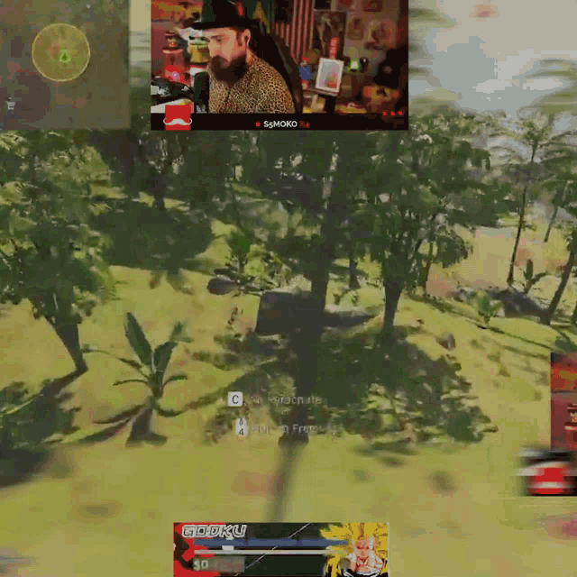 a video game screen shows a man playing goku