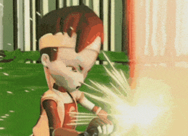 a cartoon character is holding a sword in his hand