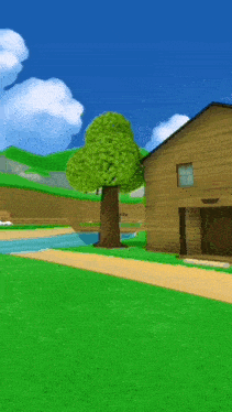 a cartoon drawing of a wooden house with a tree in the background